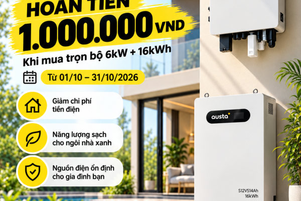 Khuyến mãi Combo AUSTA 6kW + Pin 16kWh: Hoàn Tiền 1.000.000 VNĐ